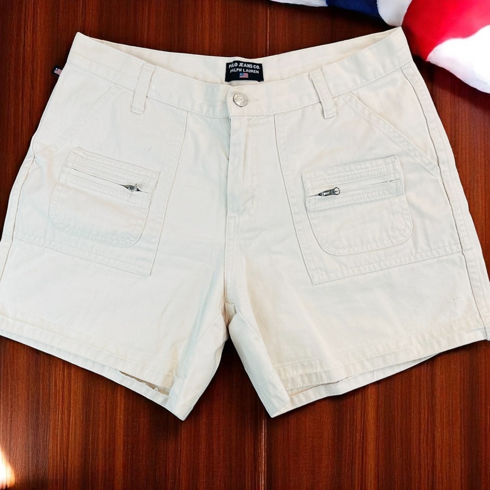Ralph Lauren Polo Jeans Co Womens Sz 8 Ivory Vtg Cargo Shorts Front Zip Pockets
